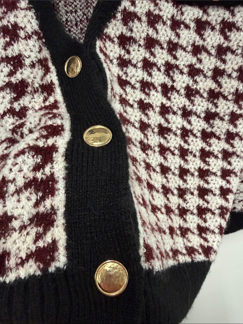 Anthropologie Maeve Houndstooth Knit Cardigan in Burgundy & Cream L - Picture 4 of 7